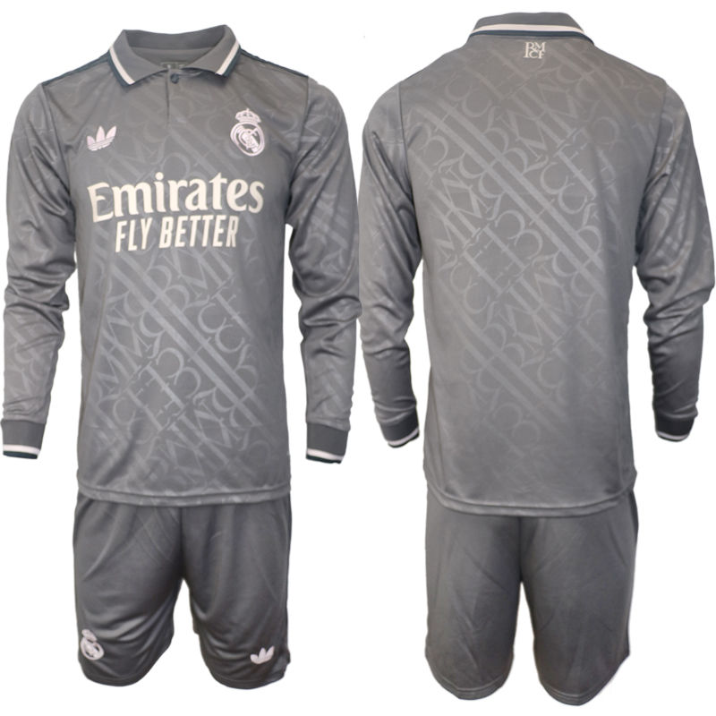 Men 2024-2025 Club Real Madrid away Long Sleeves Grey Blank Soccer Jersey->real madrid jersey->Soccer Club Jersey